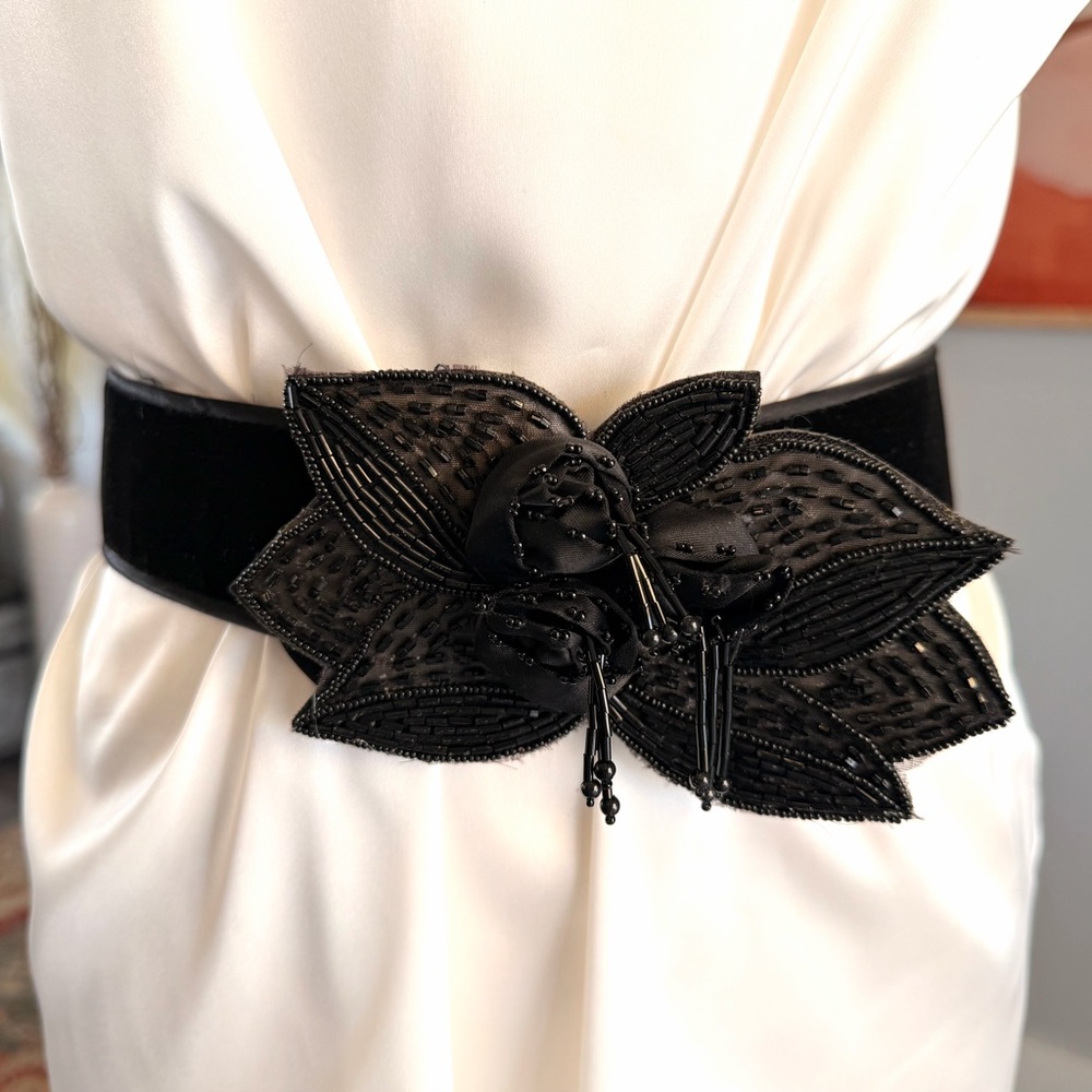 Magid Black Beaded Floral Belt
